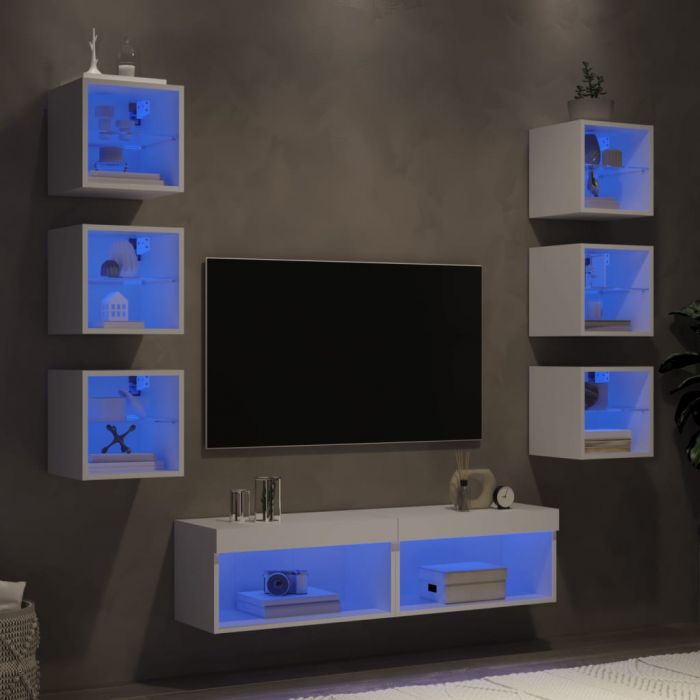 ТВ стенни модули с LED, 8 части, бели, инженерно дърво