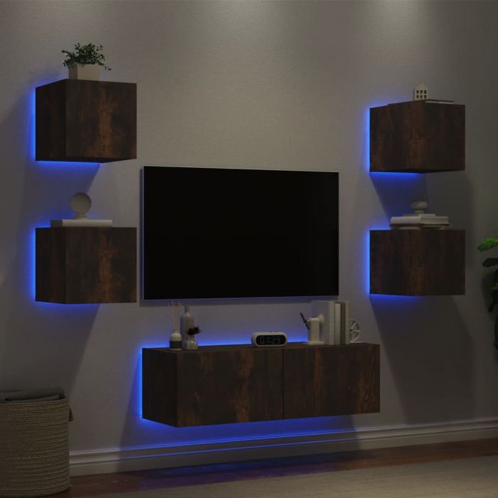 ТВ стенни шкафове, 5 части, с LED светлини, опушен дъб
