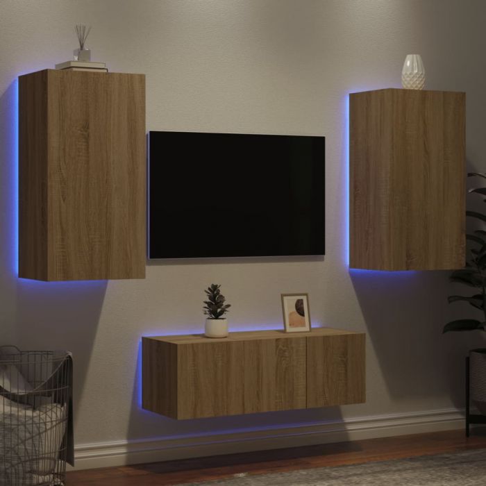 ТВ стенни модули с LED, 4 части, сонома дъб, инженерно дърво