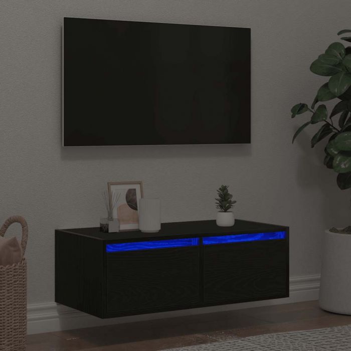 ТВ шкаф с LED осветление, Черен дъб, 75x35,5x25 см