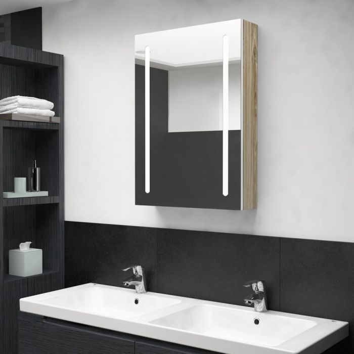 LED шкаф с огледало за баня Smyth, бяло и цвят дъб, 50x13x70 см