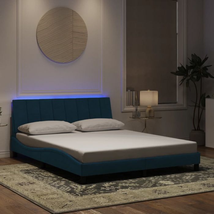 Рамка за легло с LED осветление, синя, 160x200 см, кадифе