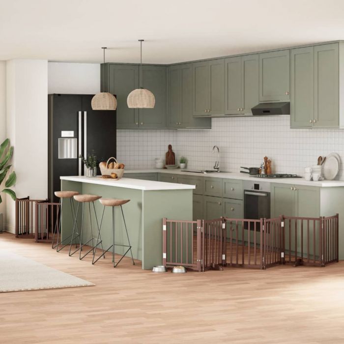 Сгъваема преграда за куче с врата 15 панела кафяв 750 см топола