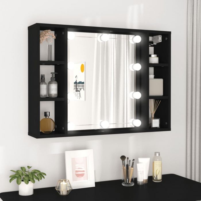 Огледален шкаф с LED, черен, 76x15x55 см